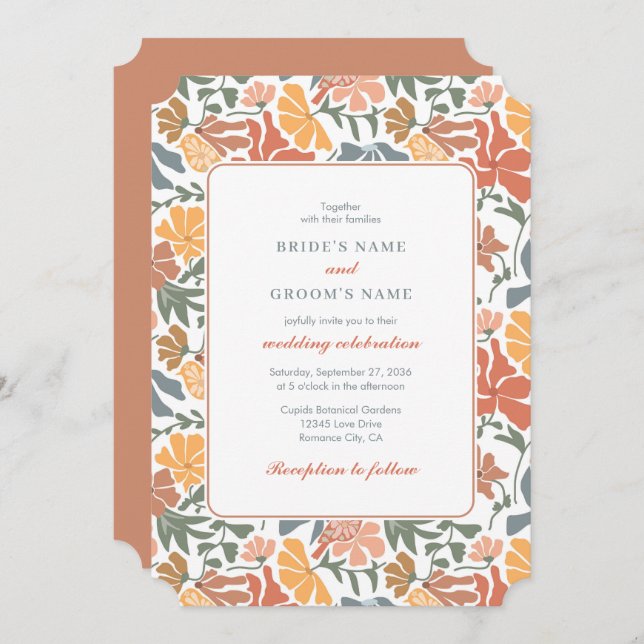 Invitation Abstrait Floral & Oiseaux Mi-siècle Mariage modern (Devant / Derrière)