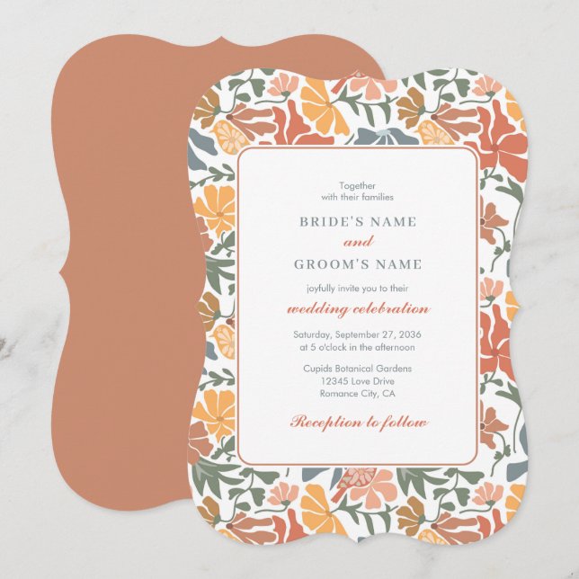 Invitation Abstrait Floral & Oiseaux Mi-siècle Mariage modern (Devant / Derrière)