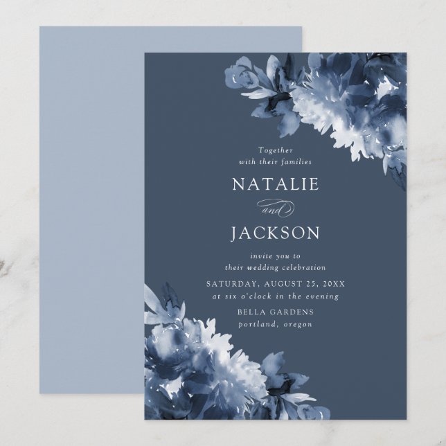 Invitation Abstrait Indigo Floral | Mariage (Devant / Derrière)