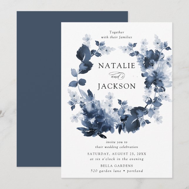 Invitation Abstrait Indigo Floral | Mariage (Devant / Derrière)