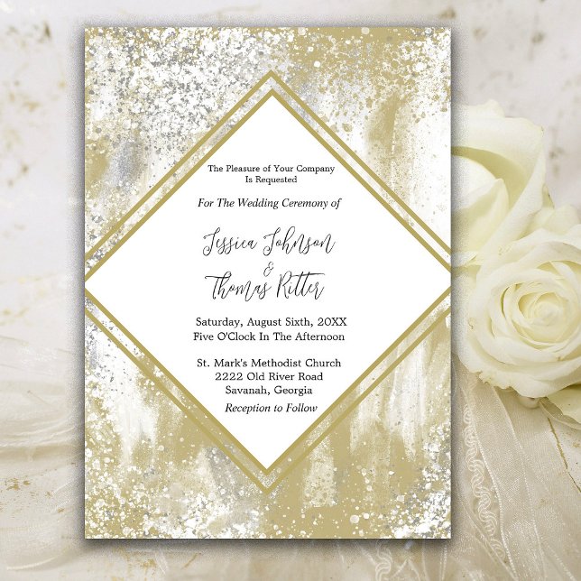 Invitation Abstrait Mariage Gold Frame Silver & Gold Splatter (Créateur téléchargé)