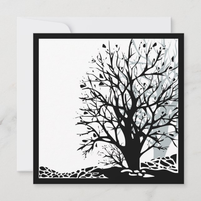 Invitation Abstrait moderne arbre noir silhouette ombre blanc (Devant)