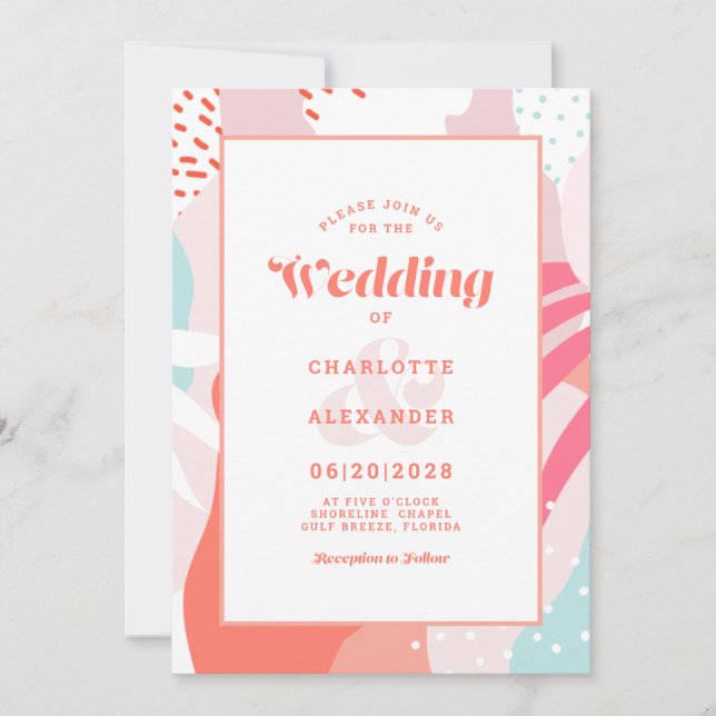 Invitation Abstrait moderne corail artistique Mariage Turquoi (Devant)