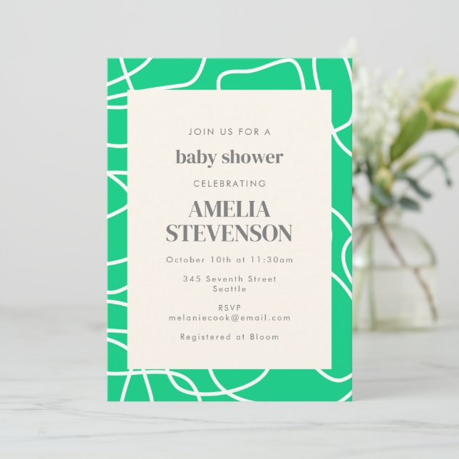 Invitation Abstrait Moderne Line Art Green Baby shower person (Debout devant)