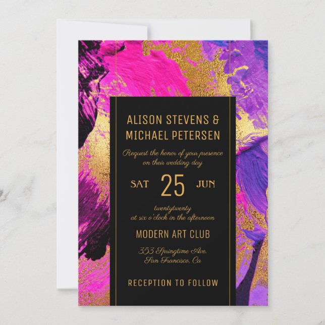 Invitation Abstrait moderne peinture or script mariage rose (Devant)