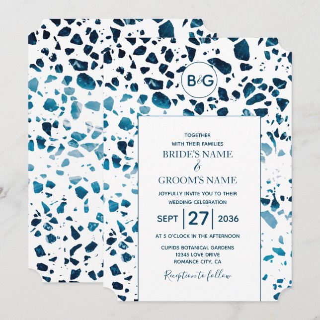 Invitation Abstrait moderne Terrazzo Mosaic Mariage bleu (Devant / Derrière)