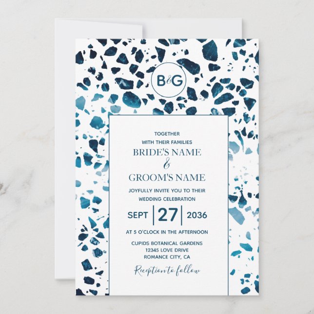 Invitation Abstrait moderne Terrazzo Mosaic Mariage bleu (Devant)