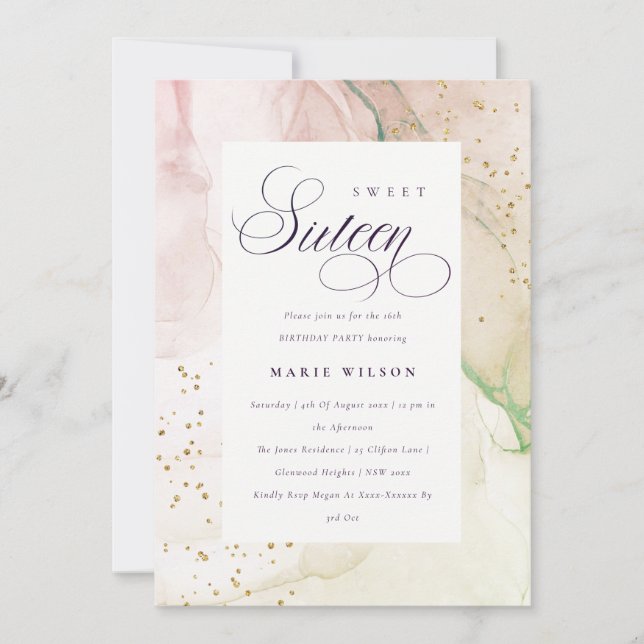 Invitation Abstrait Pastel Dusky Pink Green Sweet 16 Annivers (Devant)
