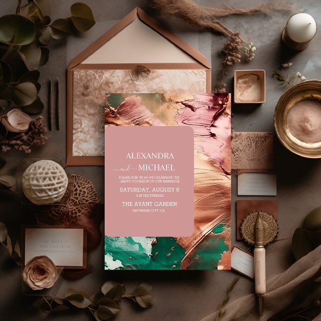 Invitation Abstrait rose vert émeraude mariage or (Créateur téléchargé)