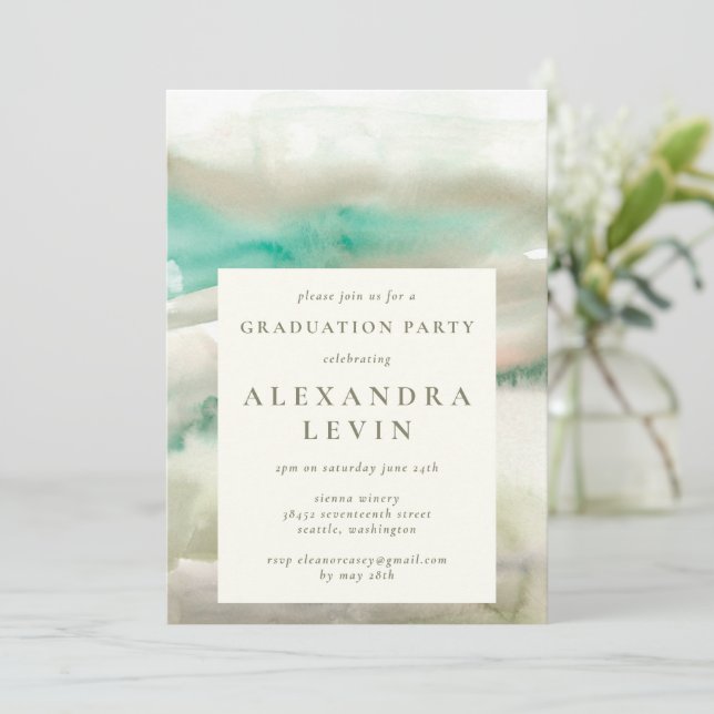 Invitation Abstraite Olive Green Watercolor Party de graduati (Debout devant)
