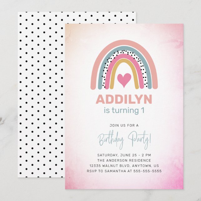 Invitation Abstraite Rainbow Girls 1er anniversaire (Devant / Derrière)