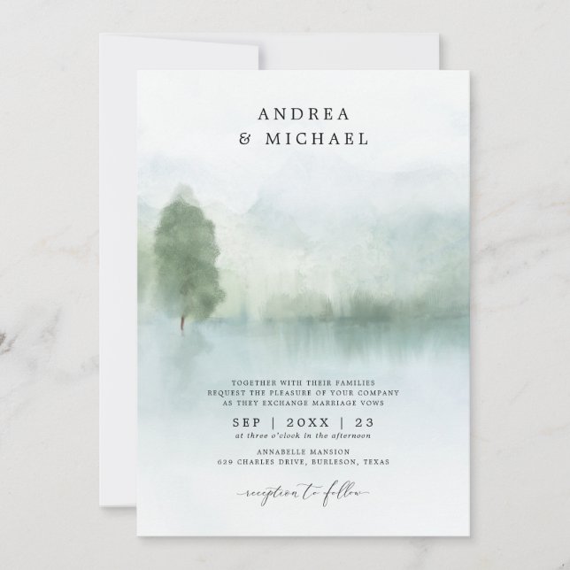 Invitation Abstraite Watercolor Lake Mountains Mariage Invita (Devant)