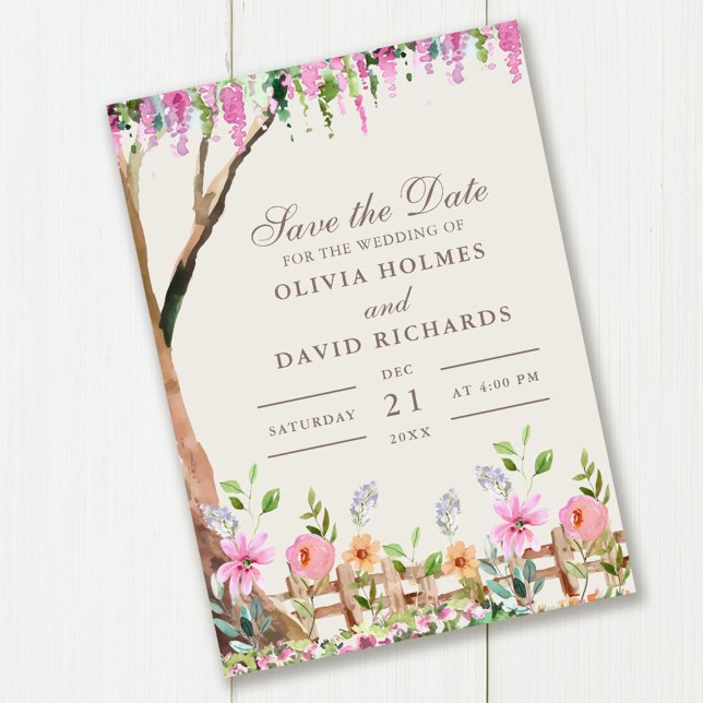 Invitation Acacia rustique avec Fleurs sauvages Enregistrer l (Rustic Acacia with Wildflowers Save the Date Card on wooden table.)