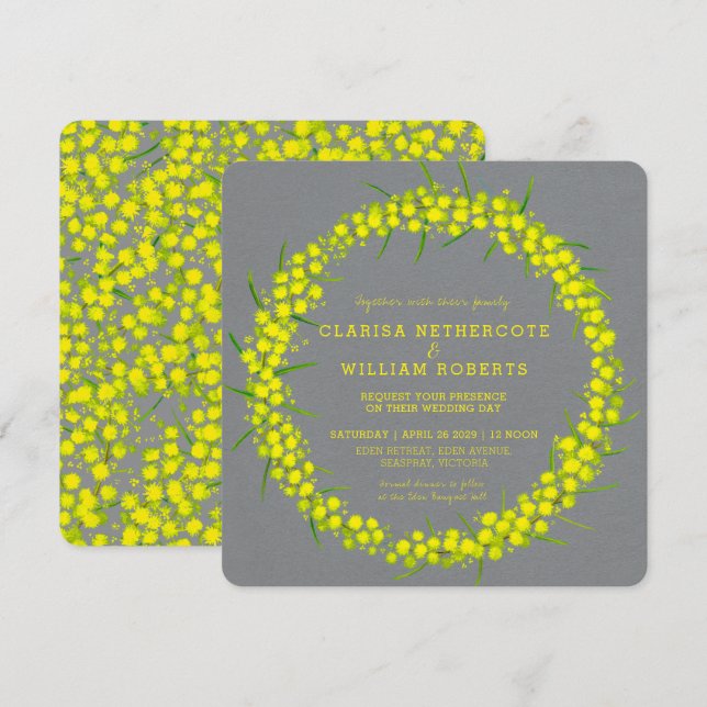 Invitation Acacia wattle art floral jaune gris mariage (Devant / Derrière)