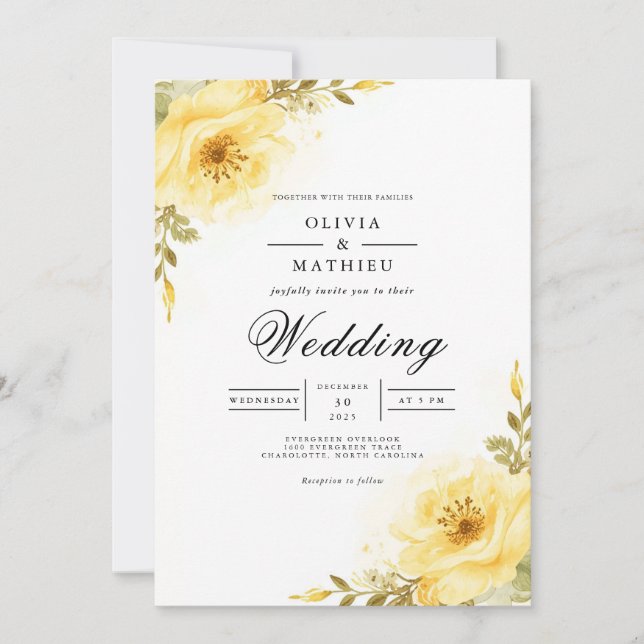 Invitation Accent Floral Doré Fleurissement Mariage (Devant)