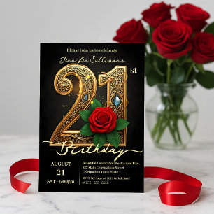 Invitation Accents de bijou Rose rouge Filigrane Or 21e Anniv