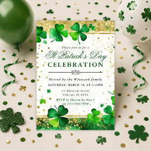 Invitation Accents de paillettes dorées et trèfles de la Sain