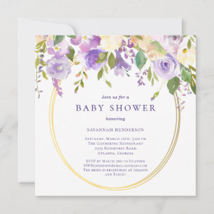 Invitation Accents d'or floral pourpre Baby shower neutre