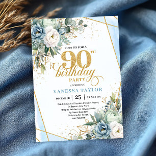 Invitation Accents floraux dorés bleu clair chic 90ème annive