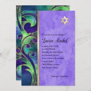 Invitation Accents or bat mitzvah violet vert aquarelle