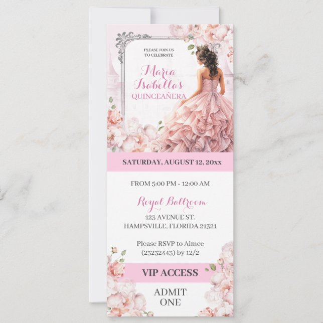 Invitation Accès VIP Pink Mis Quinceanera  (Devant)