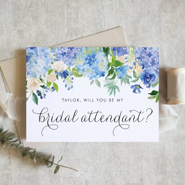 Invitation Accompagnateur de mariée Blue Hydrangea et White R (Elegant blue hydrangea and white rose card to ask someone to be your bridal attendant.)