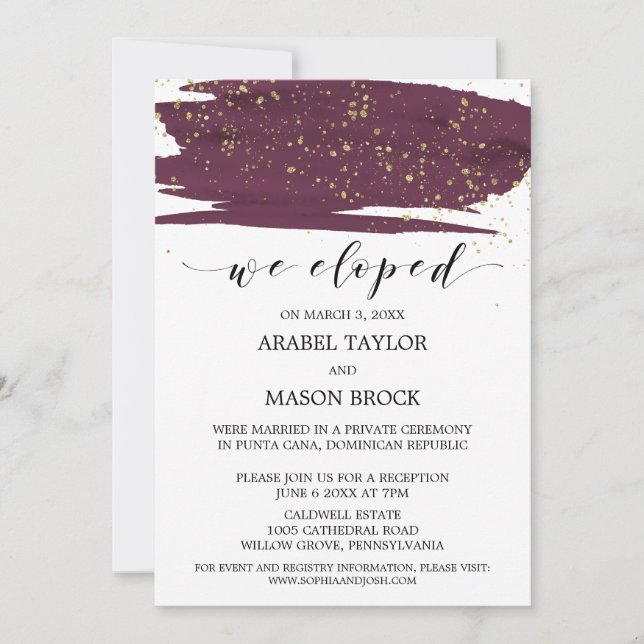 Invitation Accueil Aquarelle Marsala et Elopement Or (Devant)