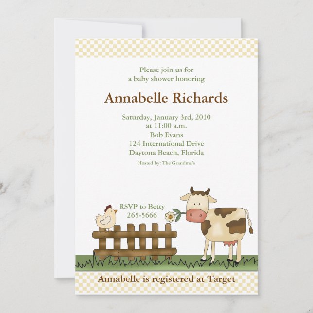 Invitation Accueil Baby shower de vache de ferme douce Invita (Devant)