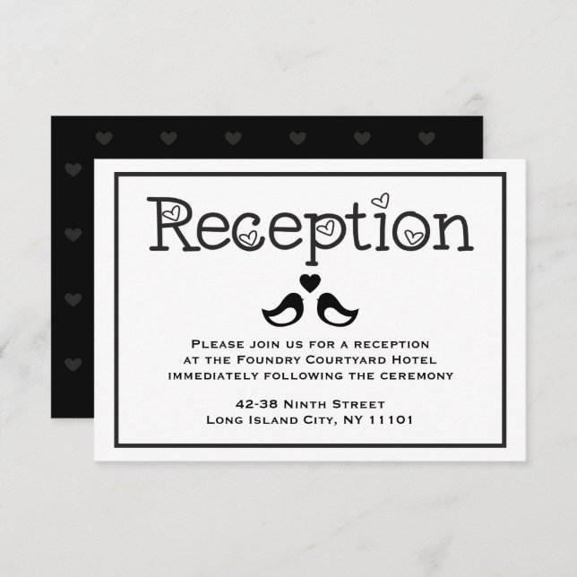 Invitation Accueil Noir & Blanc Lovebirds Coeurs Mariage (Devant / Derrière)