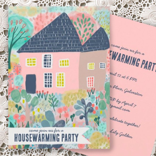 Invitation Accueil Nouveau Jardin Aquarelle Jardin Fête Migno (Custom housewarming party invite with handmade house and garden cute illustration watercolor)