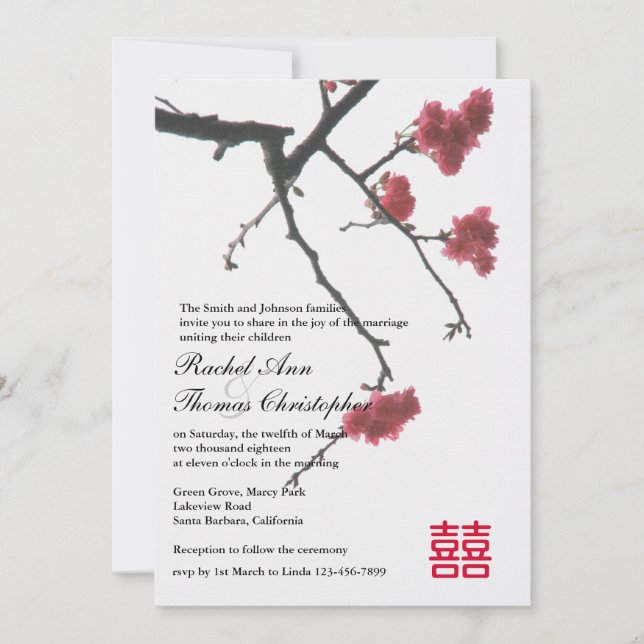 Invitation Accueil Printemps Sakura Oriental Zen Xi Mariage (Devant)