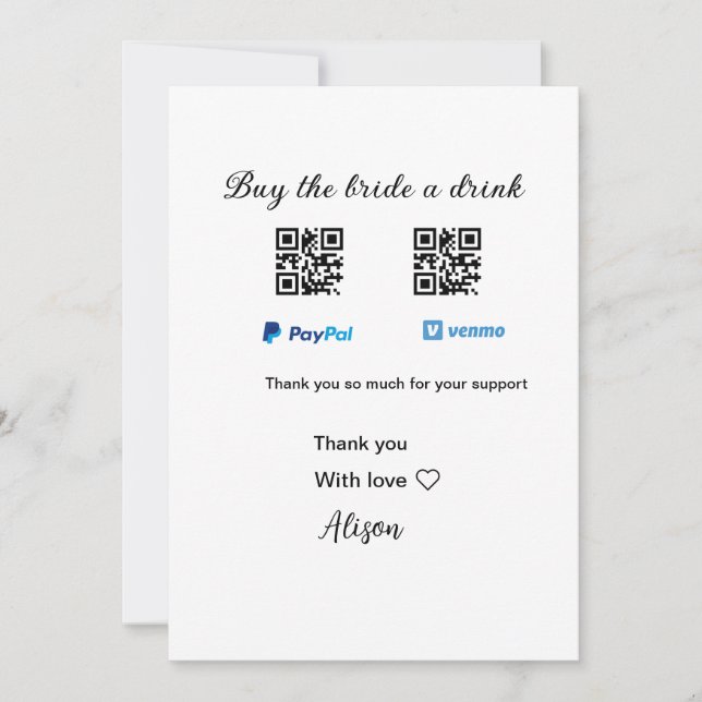 Invitation Acheter une boisson à la mariée donation QR Venmo  (Devant)