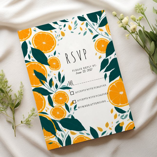 Invitation Acitrus vert foncé botanique orange fruit RSVP (Botanical dark green citrus orange fruit RSVP )