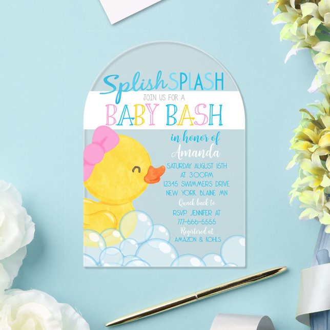 Invitation Acrylique Baby shower Fille Caoutchouc (Girl Rubber Duck Unique Acrylic Baby Shower Invite)