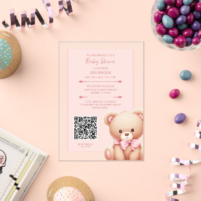 Invitation Acrylique Baby shower rose Ours Teddy (Insitu (Célébration))