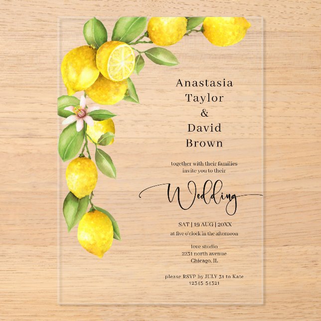 Invitation Acrylique Mariage de citron jaune (Recto)