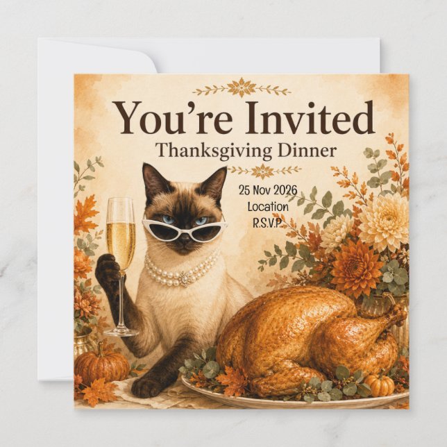 Invitation Action de grâce de chat avec dinde  (Devant)