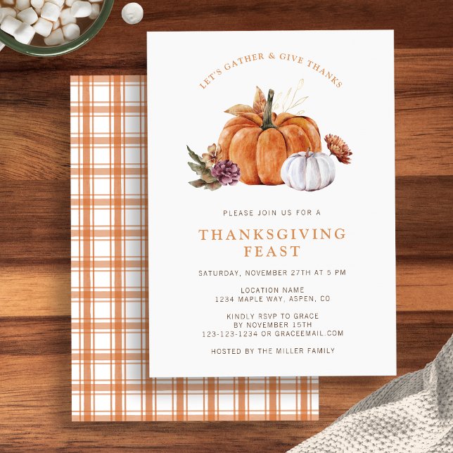 Invitation Action de grâce de citrouille (Rustic fall pumpkin Thanksgiving dinner party invite, watercolor autumn florals by Painted Paper)