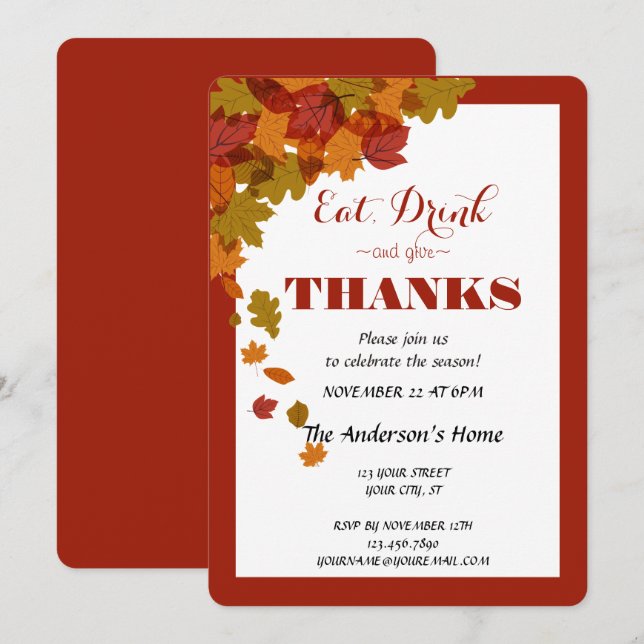 Invitation Action de grâce Manger Boire & Rendre grâce Feuill (Devant / Derrière)