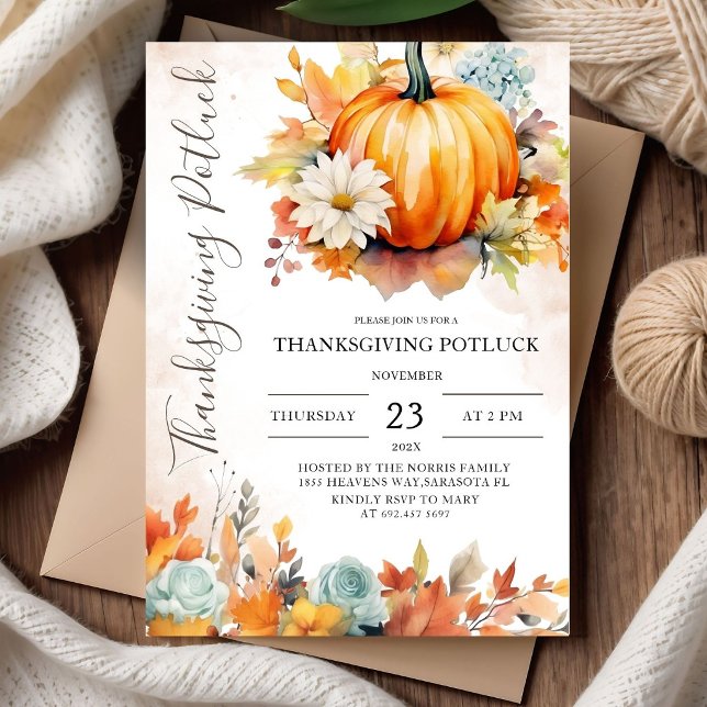 Invitation Action de grâce Potluck Rustique Pumpkin Automne  (Créateur téléchargé)