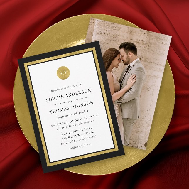 Invitation Add Photo Custom Color Gold Round Monogram Wedding (Créateur téléchargé)