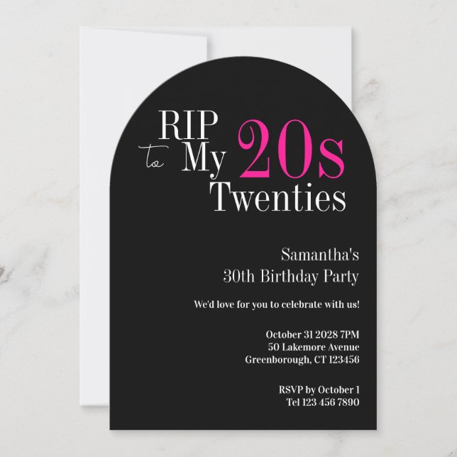 Invitation Adieu 20 ans Fête d'anniversaire 30 ans Noir Rose (Devant)
