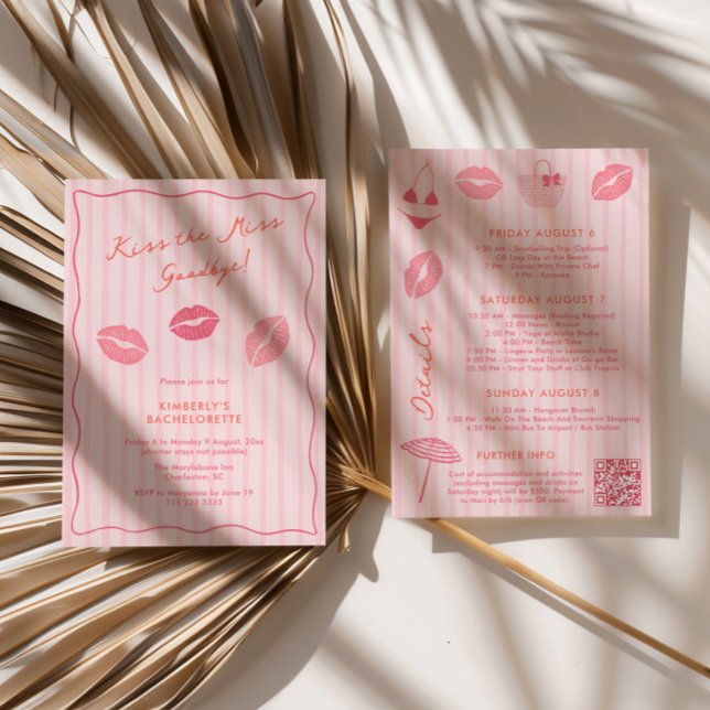 Invitation Adieu à la Demoiselle d'Honneur Week-end Enterreme (Modern Trendy Kiss the Miss Goodbye Pink Bachelorette Weekend Itinerary Invitations)