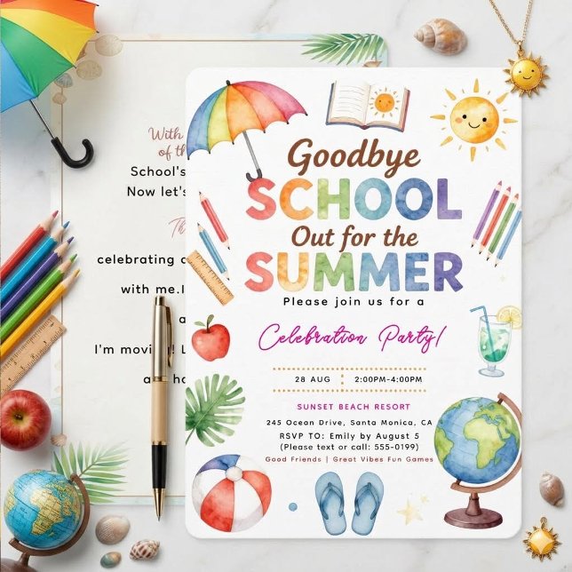 Invitation Adieu à l'aquarelle École fermée pour l'été  (Créateur téléchargé)
