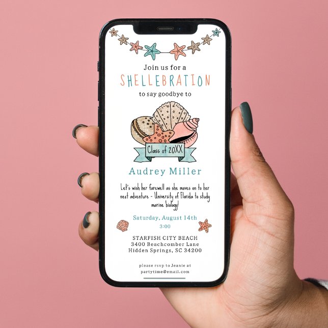Invitation Adieu de départ pour diplômé Coquillage (Sized for easy texting!)