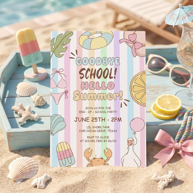 Invitation Adieu école Bonjour Fête d'été Rayures (Créateur téléchargé)