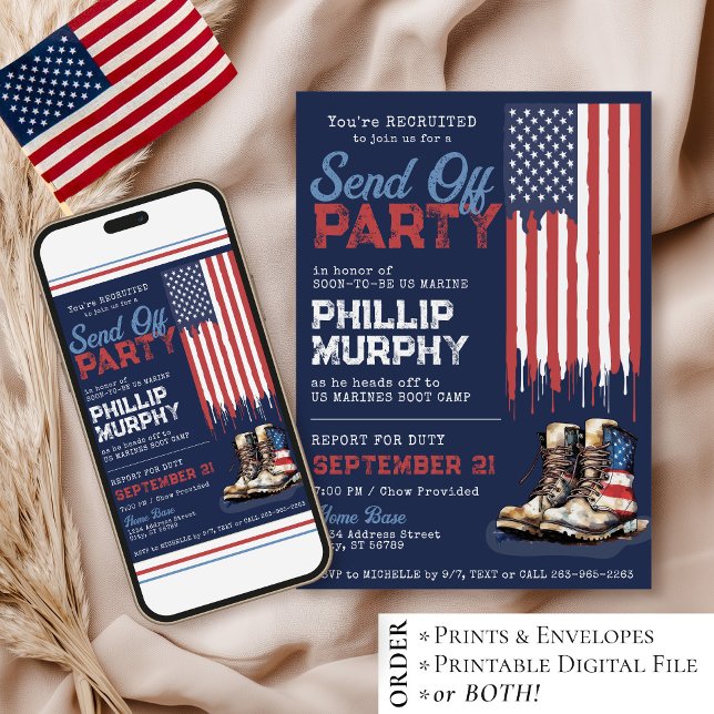 Invitation Adieu Militaire Chaussures Drapeau USA Fête de Dép (Digital patriotic red white and blue American flag combat boots military send off party invitation)