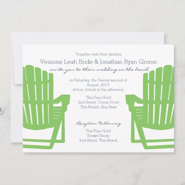 Invitation Adirondack Chaises Lime et Marine Beach Mariage (Devant)