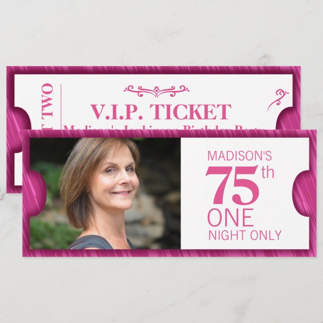 Invitation Admettre un VIP 75e anniversaire fête rose blanc (Devant / Derrière)