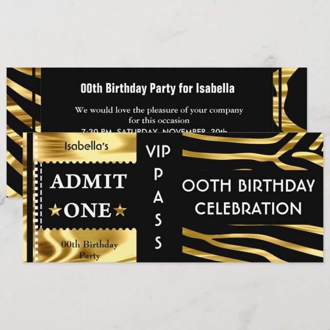 Invitation Admission Anniversaire Zebra Gold Black (Devant / Derrière)
